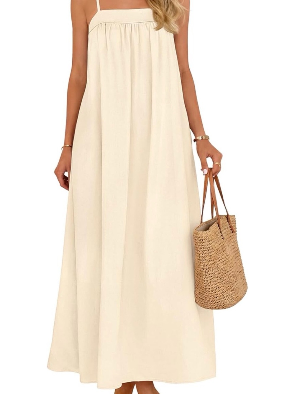 Cream Spaghetti-Strap Maxi Dress with Gathered Bodice - Picture 2 of 5